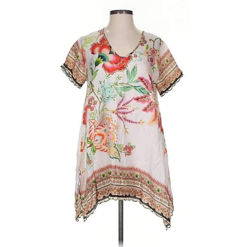Johnny Was 100% Silk Tunic Top Blouse Medium Flowy Garden Botanical Cottagecore